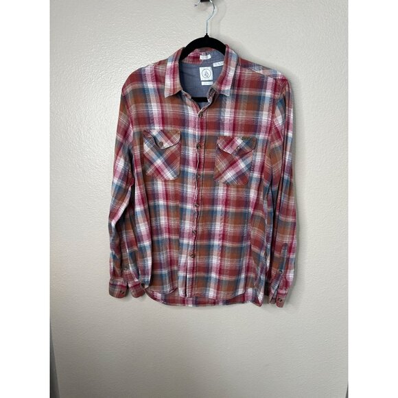 Volcom Mens Red Brown Shirt Medium plaid long sleeve button up cotton collared - Picture 1 of 6